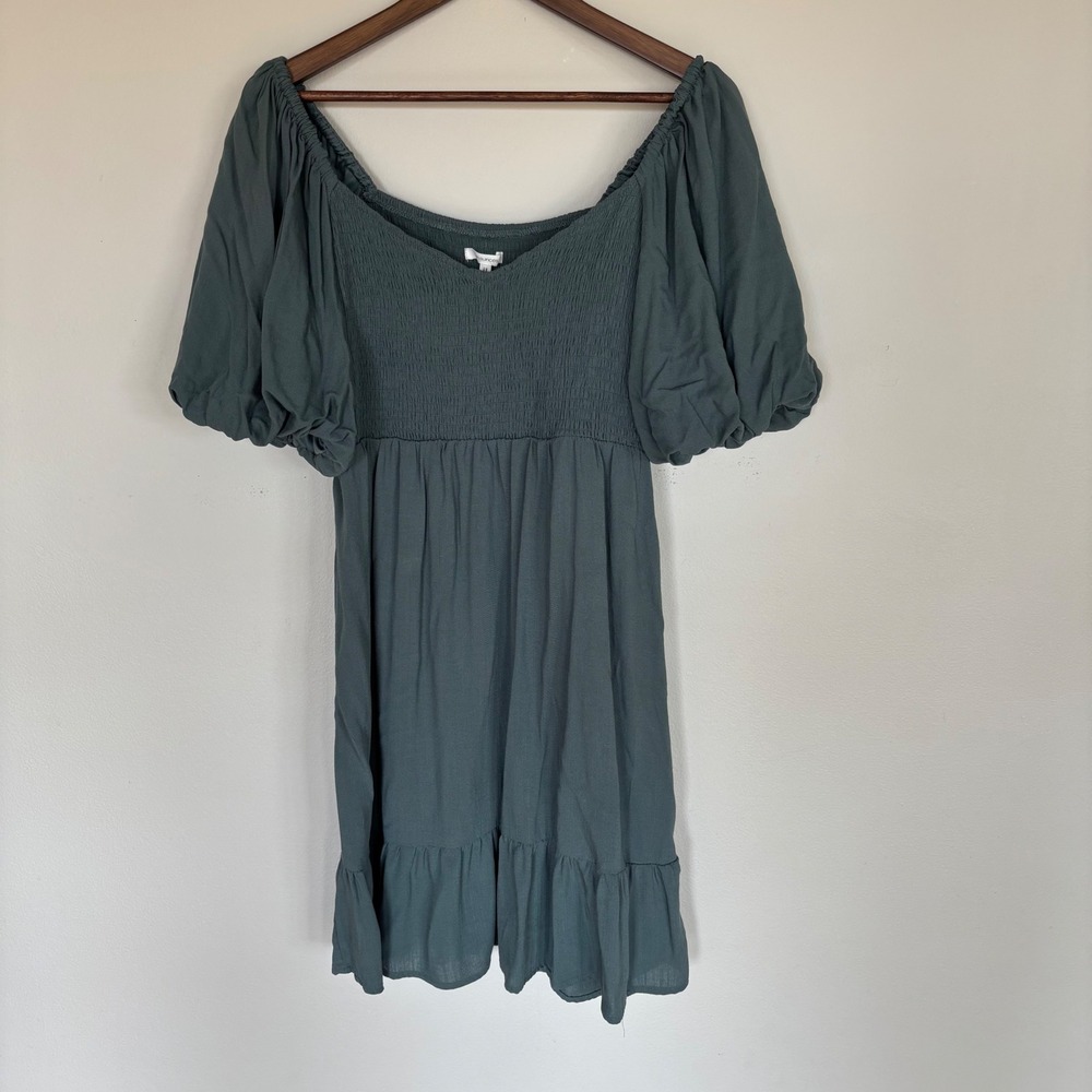 Maurices Green Smocked Mini Dress Puff‎ Sleeve Babydoll Tiered Ruffle Size L